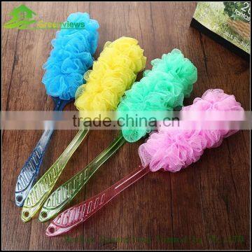 Plastic long handle puff mesh bath sponge body exfoliating scrubber bath brush wholesale sponge cleaning