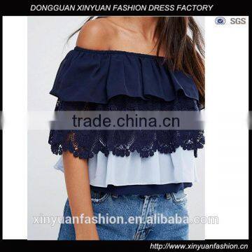 Women wear Off Shoulder Tiered Lace And Ruffle Top