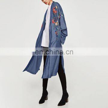 Wholesale clothing fashion denim embroidered boho long kimono