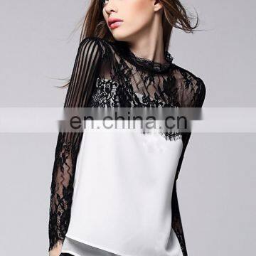 Office lady elegant stand lace collar with white crepe long sleeves sexy blouse