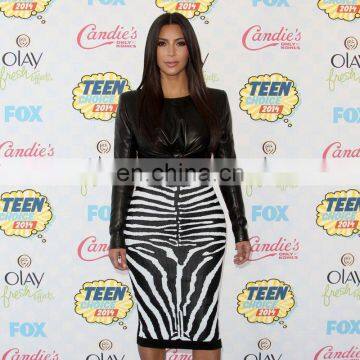 black long sleeve folding bare midriff top and zebra-stripe print skirt 2pcs sets bandage dress suit wholesale