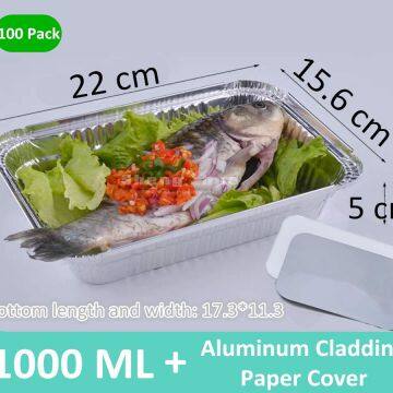 100 Pack Aluminum Pans with Aluminum Cladding Paper Lids,100 Pack, Deep Steam Table Pans, Rectangular Aluminum Grill Pans (1000 ML)