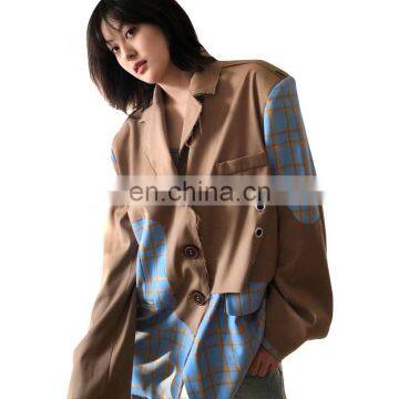 TWOTWINSTYLE Women Blazer Notched Long Sleeve Chain Patchwork Plaid Hit Color Casual new