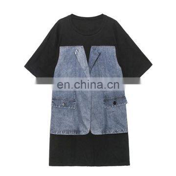 TWOTWINSTYLE Patchwork Denim Dress Female O Neck Half Sleeve Oversized Mini Dresses Women Streetwear