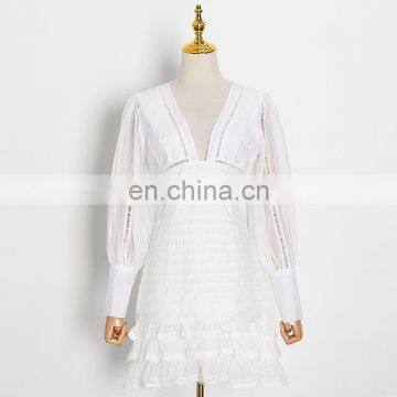 TWOTWINSTYLE Patchwork Ruffle Dress For Women V Neck Lantern Sleeve Hollow Out Elegant White Dresses photo-2