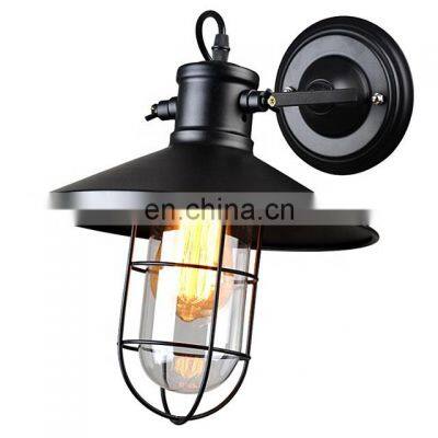 Vintage Wall Lamp Iron Cage Glass Lampshade Black Indoor Lighting E27 LED Wall Lights