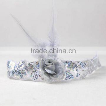 Halloween/Christmas Custom White Flapper Sequin Elastic Feather & Flower Headband photo-3