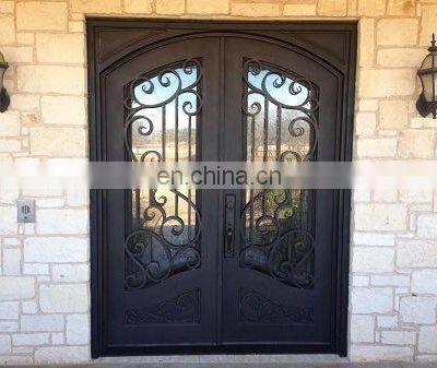 High Quality Exterior Black Jamb Removable Screen French Design Anti Rust Double Wrought Iron Front Entry Door for Sale