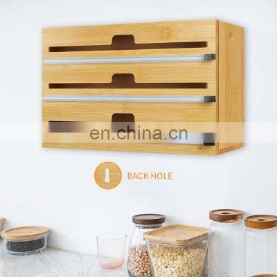 3 in 1 Bamboo Wall Mount Dispenser Wood Wrap Dispenser Kitchen Storage Drawers Organizer for Foil and Plastic Wrap With Cutter photo-3