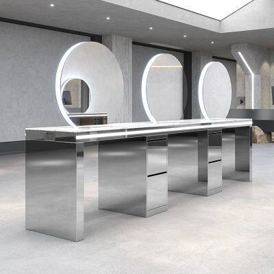 Stainless Steel Hair Salon Mirror Luxury Led Light Wall Mounted Hair Salon Mirrors Station