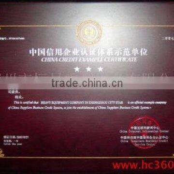 China Credit Example Certificate