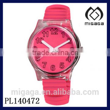 made in china plastic quartz watch for girls transparent case plastic watch for free