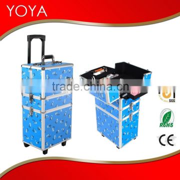 Aluminum 3-in-1 Blue Floral Makeup/Beauty/Hairdressing/Vanity Trolley/Box/Case