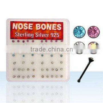 925 sterling silver nose bones with black plating and assorted color crystals