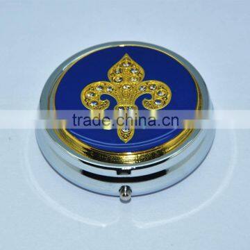 Blue Metal Pill Box with diamond for Pocket or Purse