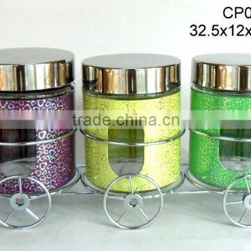 CP085B 3pcs Glass Jar Set With Metal Casing and Rack