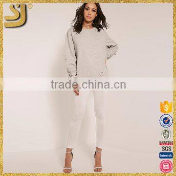 American Style Hoodies, Grey Ripped Oversized Sweatshirt, High Quality Cotton Hoodies for Women photo-6
