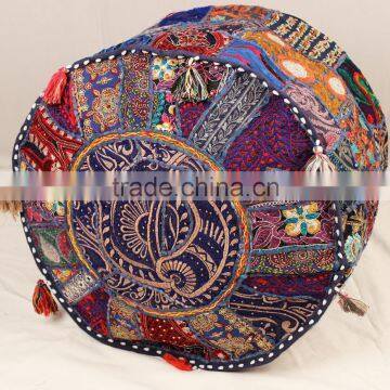 Blue Vintage Sari Fabric Round Ottoman Cover Bohemian Footstool Gypsy Antique Pouffe Cushion photo-5