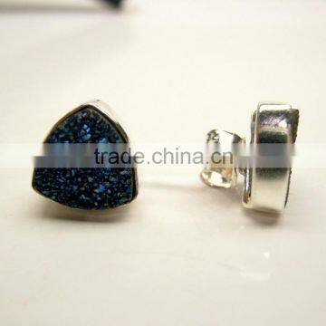 Cobalt Titanium Coated Flat Trillion Druzy Gemstone Stud Earrings, 925 Sterling Silver Stud Earrings Fashion Jewelry