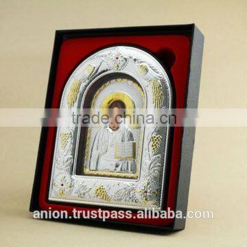 Greek & Russian Orthodox Big Wooden Icon. Christ Pantocrator. Silver Edging photo-2