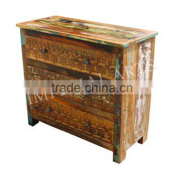 ANTIQUE LOOK RECYCLE WOOD CARVED 3 DRAWER CHEST