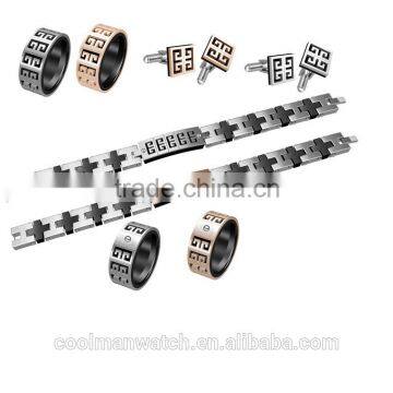 2016 Coolman Jewelry 316L S.S Material Fashinable Design Men Jewelry Sets with Ring Band Cufflinks and Bracelet