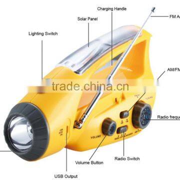 Emergency solar dynamo led flashlight with fm am radio