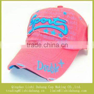 pink color prewashing baseball cap, 3D applique embroider baseball cap for grils