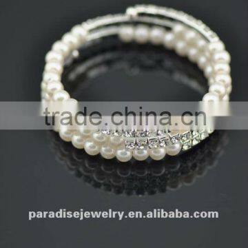 3 row pearl and rhinestone graduated wraparound coil bracelet-BRW060401