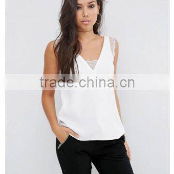 2016 latest design V neck sexy camisole tops , Lace Insert Designer Western Tops images