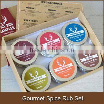 Gourmet Spice Rub Set of 6 2 inch solid screw top containers filled with delicious savory blends