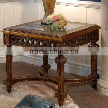 Hand Painting Round Coffee Table With Glass Top, Exquisite Wood Carved Side Table, Classical Style Living Room End Table photo-2