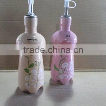 ceramic pink glaze flower design oil olive and vinegar bottle set