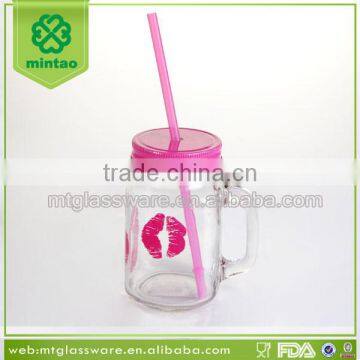 Pink Valentine Gift Mason Jar with Pink Lid and Pink Straw