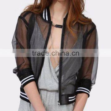 Women mesh varsity letterman jacket see through