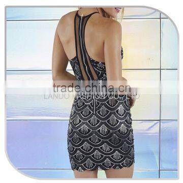 Newest Black Fish Cut Bodycon Sequin Dress 2016 Backless Girl Sexy Image of Scales Midi Dress photo-5
