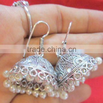 Silver Tone Jhumka Pearl Bollywood Dangler EARRINGS photo-4