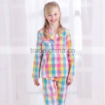 2015 top fashion 100% cotton home Lattice sleepwear spring summer long sleeve Turn-down Collar kids pajamas