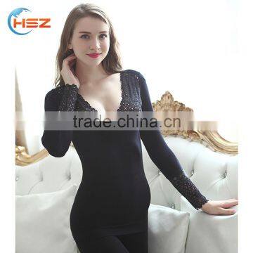 Hsz-TU005 V-neck Nylon Lace Top Ladies Winter Thick Underwear Wholesale Female Thermal Underwear photo-4