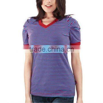 LADIES STRIPED V NECK T SHIRT WITH CONTRAST NECK & CUFFS