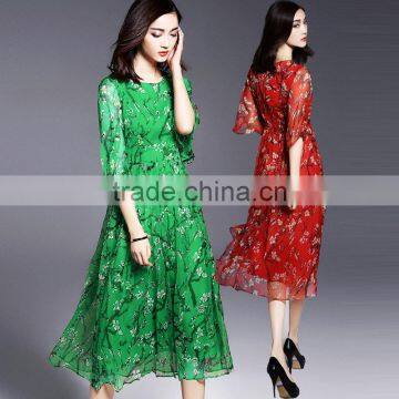 High Quality Real Silk Half Sleeve Round Neck Printed Summer Long Dress Latest Dress Designs photo-2