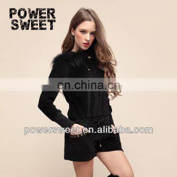 2014 Original Design European Sexy Style Casual Black Cat Suit Wtih Fur Hoodie Neck Designs for Ladies Suit