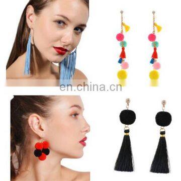 Punk Tassel Statement Chain Earring Colorful Fur Ball Dangle Stud Earring