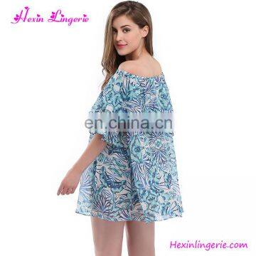 Blue Printing Off Shoulder Short Bohemian Clothing Boho Dress photo-5