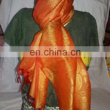 Long Scarf Orange Banarasi Embroidery work Silk Shawl Wrap