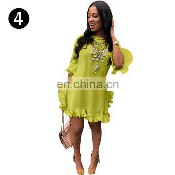 Summer Fashion Women Casual Neck Half Sleeve Side Flared Keen-length Solid T-Shirt Blouse Dress photo-6