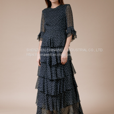 Ladies' 100%silk Chiffon Short Sleeve Ruffler Edge Print Dress photo-4