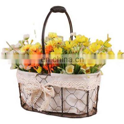 Wholesale Home Decor Picnic Oval Dark Brown Metal Wire Fabric Food Fruit Bread Mix Storage Flower Basket With Handles Flower Vase