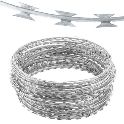 Green Razor-sharp Spiral Barbed Wire, Stainless Steel Coil, for Security Applications.