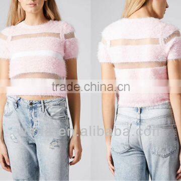 Fluffy Stripe Jumper Sweater Short Sleeve Crop Top Fuzzy Pastel Candy Colors